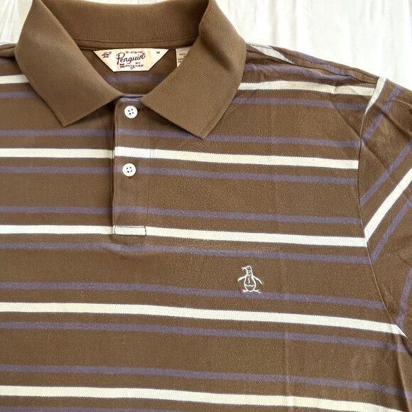 Penguin Polo Stiped Brown Short Sleeve Shirt Medium Y2K Cotton - Picture 1 of 11